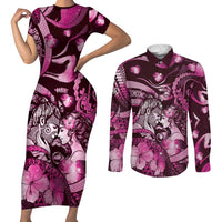 Personalised Maori Romantic Valentine Couples Matching Short Sleeve Bodycon Dress and Long Sleeve Button Shirt The Hongi Kiss Pink Galaxy DT05 Pink - Polynesian Pride