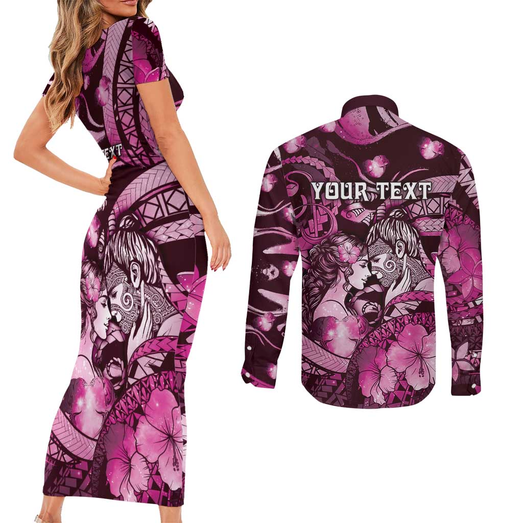 Personalised Maori Romantic Valentine Couples Matching Short Sleeve Bodycon Dress and Long Sleeve Button Shirt The Hongi Kiss Pink Galaxy DT05 - Polynesian Pride