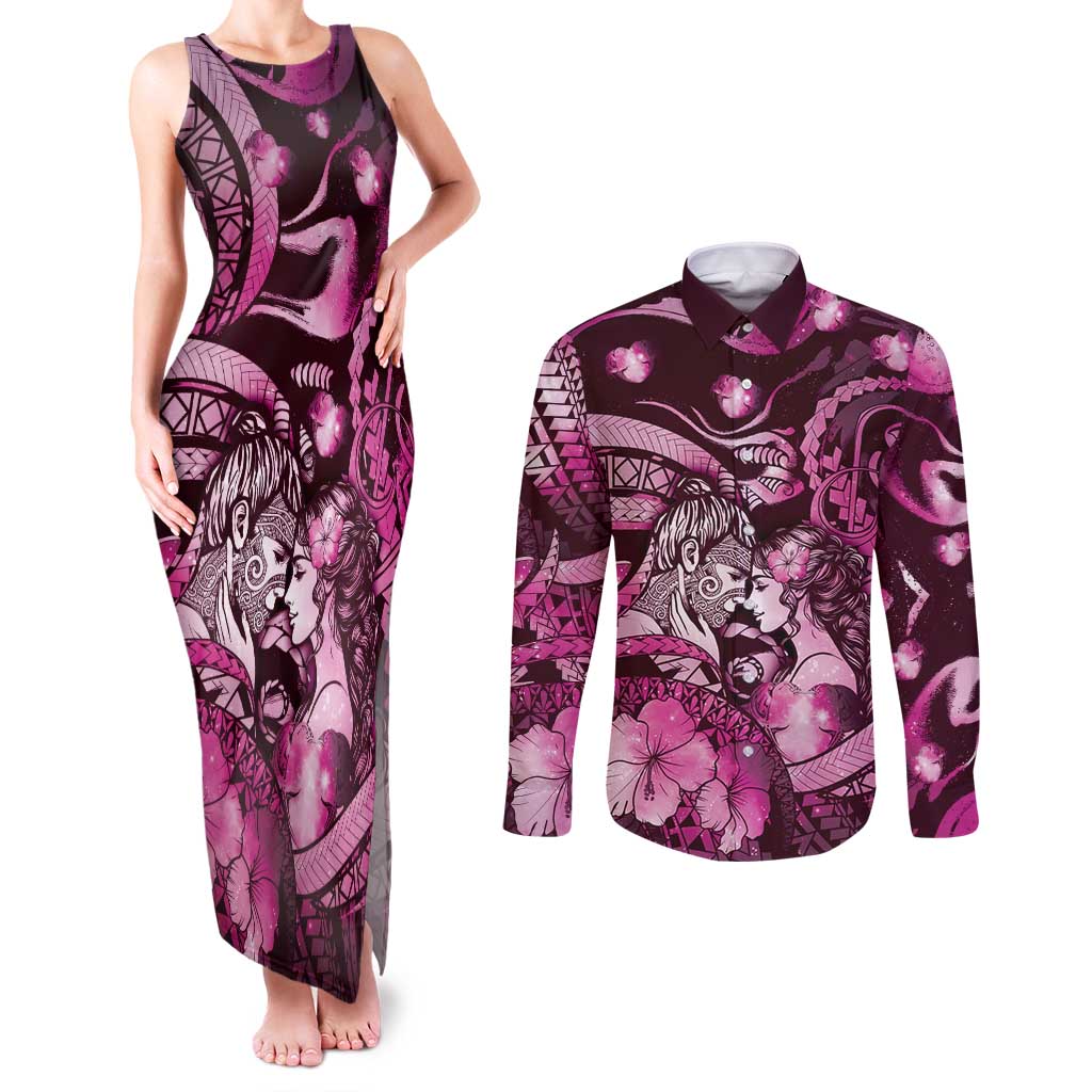 Personalised Maori Romantic Valentine Couples Matching Tank Maxi Dress and Long Sleeve Button Shirt The Hongi Kiss Pink Galaxy DT05 Pink - Polynesian Pride