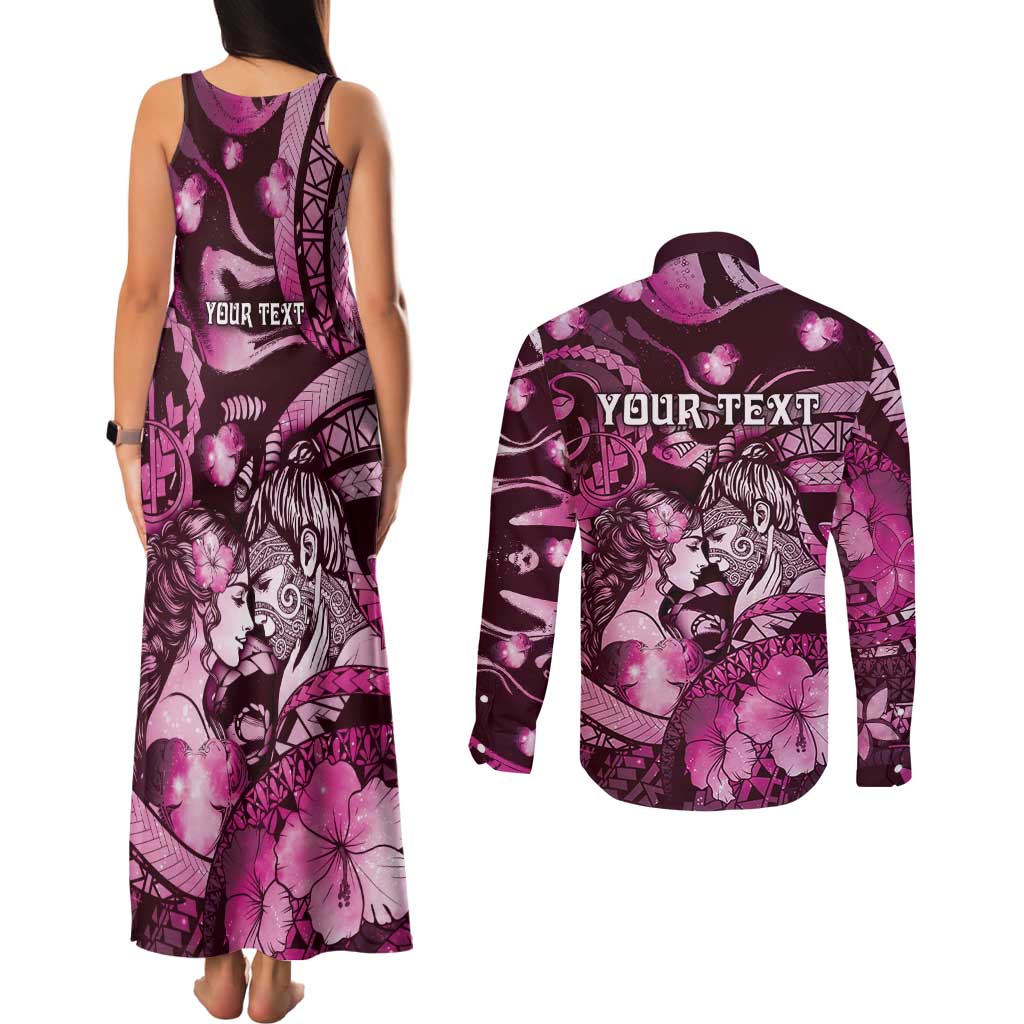 Personalised Maori Romantic Valentine Couples Matching Tank Maxi Dress and Long Sleeve Button Shirt The Hongi Kiss Pink Galaxy DT05 - Polynesian Pride