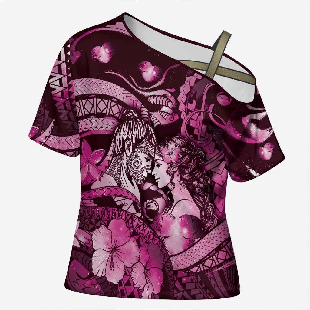 Personalised Maori Romantic Valentine Cross Shoulder Shirt The Hongi Kiss Pink Galaxy