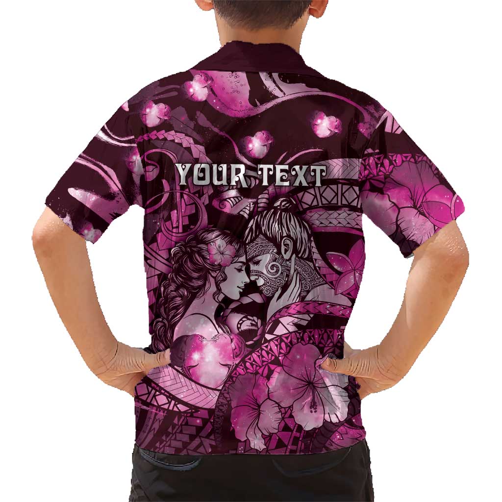 Personalised Maori Romantic Valentine Family Matching Off The Shoulder Long Sleeve Dress and Hawaiian Shirt The Hongi Kiss Pink Galaxy DT05 - Polynesian Pride