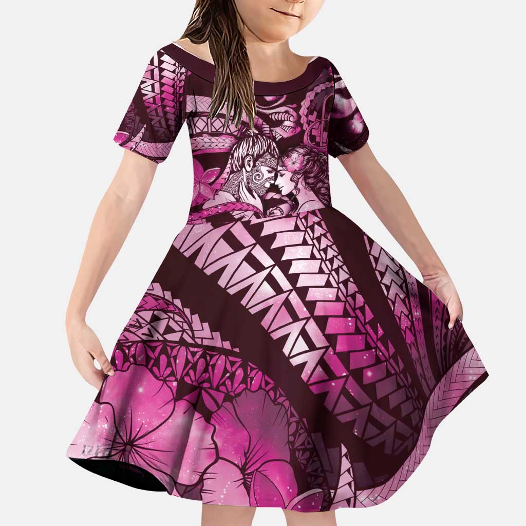 Personalised Maori Romantic Valentine Family Matching Off The Shoulder Long Sleeve Dress and Hawaiian Shirt The Hongi Kiss Pink Galaxy DT05 Daughter's Dress Pink - Polynesian Pride