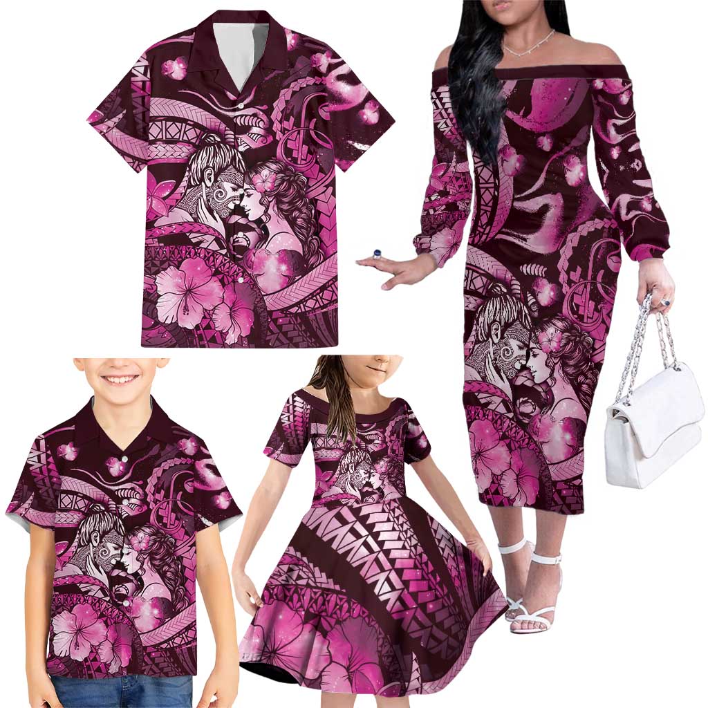 Personalised Maori Romantic Valentine Family Matching Off The Shoulder Long Sleeve Dress and Hawaiian Shirt The Hongi Kiss Pink Galaxy DT05 - Polynesian Pride