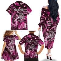 Personalised Maori Romantic Valentine Family Matching Off The Shoulder Long Sleeve Dress and Hawaiian Shirt The Hongi Kiss Pink Galaxy DT05 - Polynesian Pride