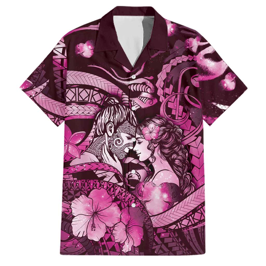 Personalised Maori Romantic Valentine Family Matching Off The Shoulder Long Sleeve Dress and Hawaiian Shirt The Hongi Kiss Pink Galaxy DT05 Dad's Shirt - Short Sleeve Pink - Polynesian Pride