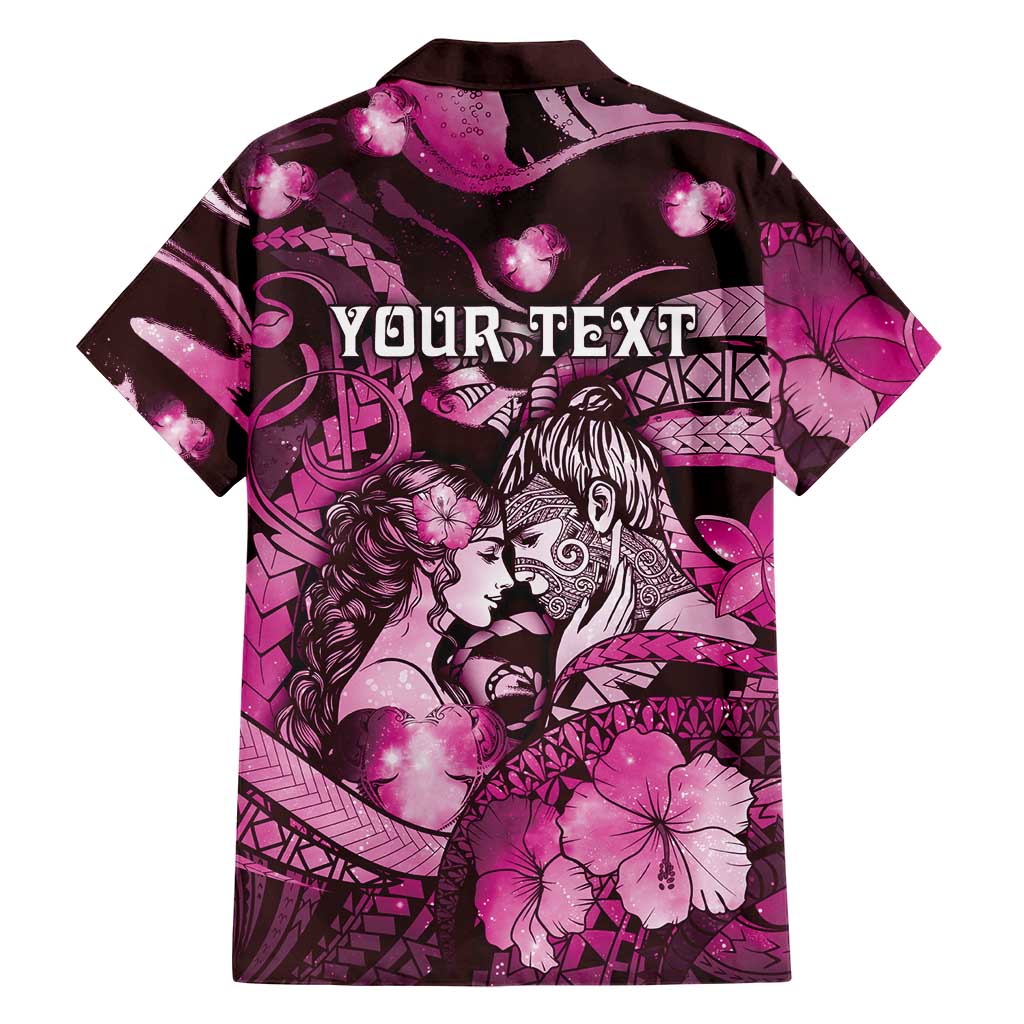 Personalised Maori Romantic Valentine Family Matching Off The Shoulder Long Sleeve Dress and Hawaiian Shirt The Hongi Kiss Pink Galaxy DT05 - Polynesian Pride