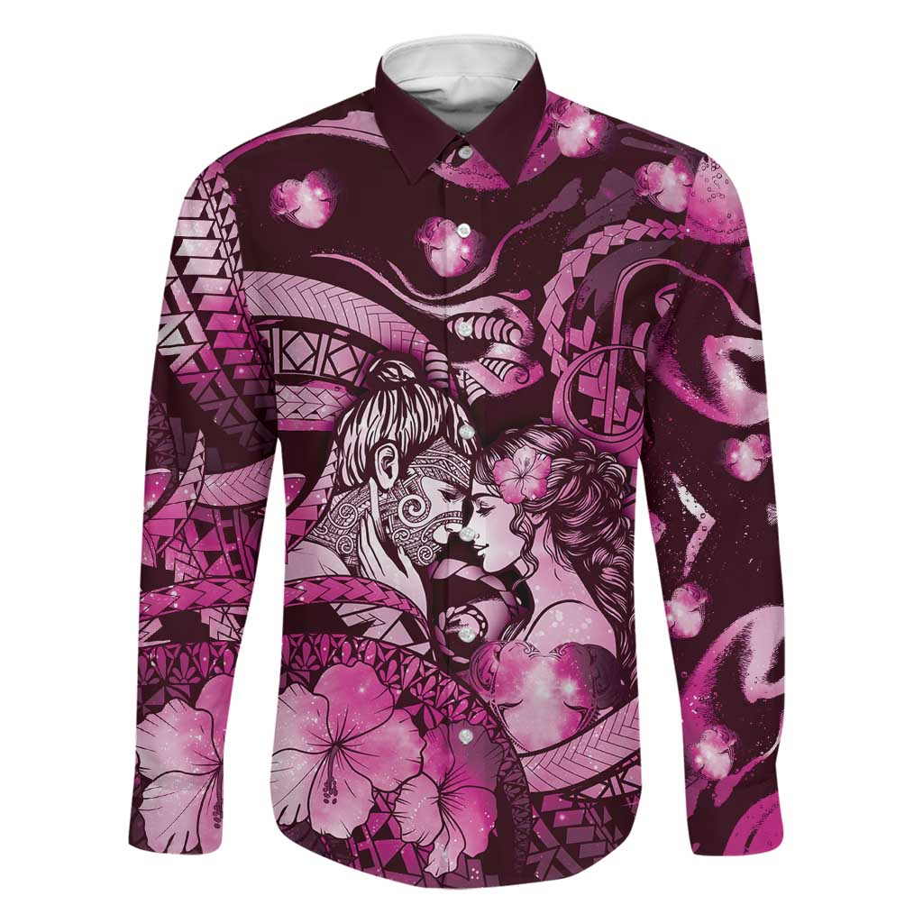 Personalised Maori Romantic Valentine Family Matching Off The Shoulder Long Sleeve Dress and Hawaiian Shirt The Hongi Kiss Pink Galaxy DT05 Dad's Shirt - Long Sleeve Pink - Polynesian Pride
