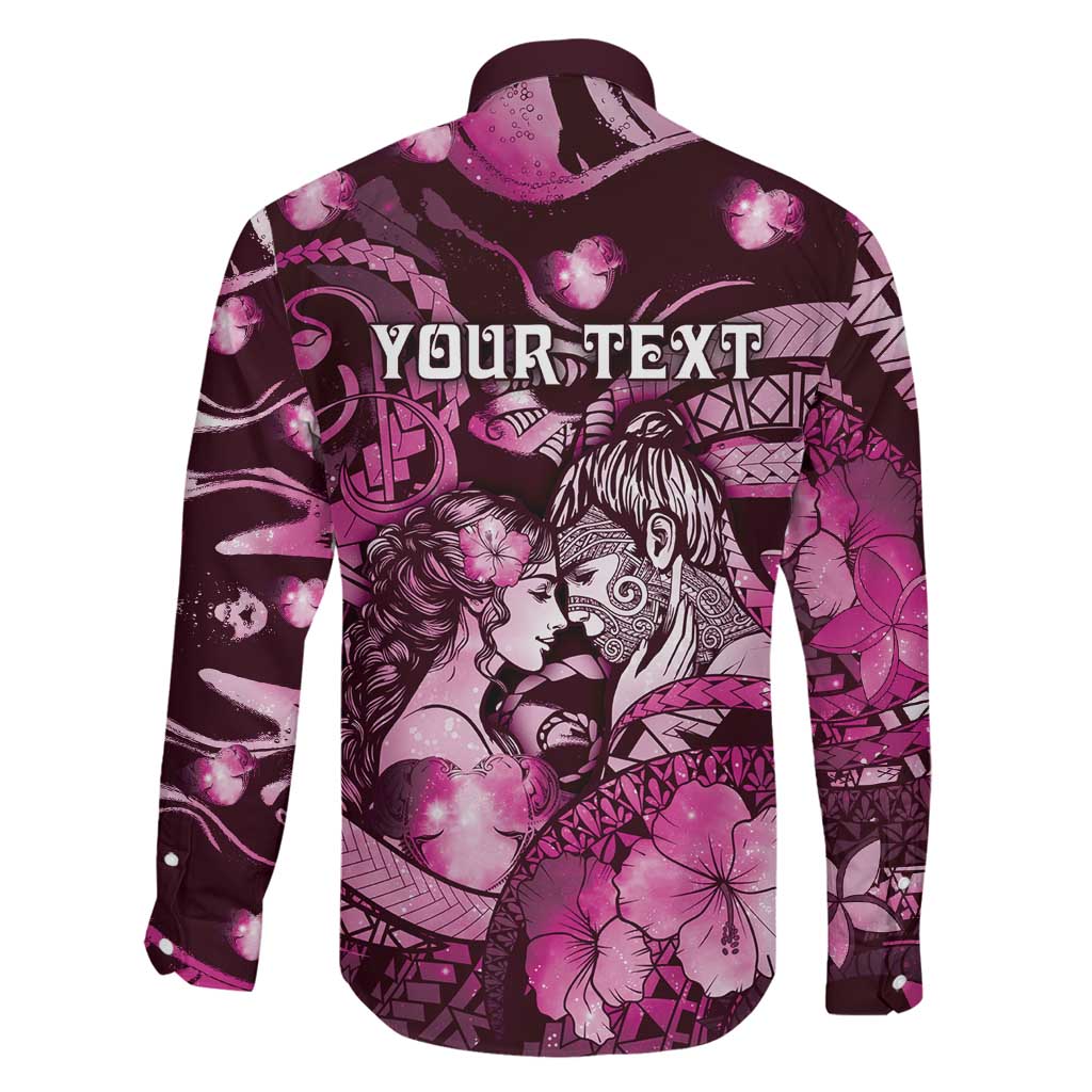 Personalised Maori Romantic Valentine Family Matching Off The Shoulder Long Sleeve Dress and Hawaiian Shirt The Hongi Kiss Pink Galaxy DT05 - Polynesian Pride