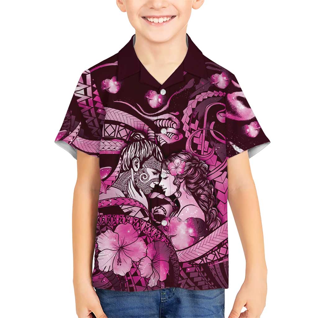 Personalised Maori Romantic Valentine Family Matching Off The Shoulder Long Sleeve Dress and Hawaiian Shirt The Hongi Kiss Pink Galaxy DT05 Son's Shirt Pink - Polynesian Pride