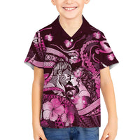 Personalised Maori Romantic Valentine Family Matching Off The Shoulder Long Sleeve Dress and Hawaiian Shirt The Hongi Kiss Pink Galaxy DT05 Son's Shirt Pink - Polynesian Pride