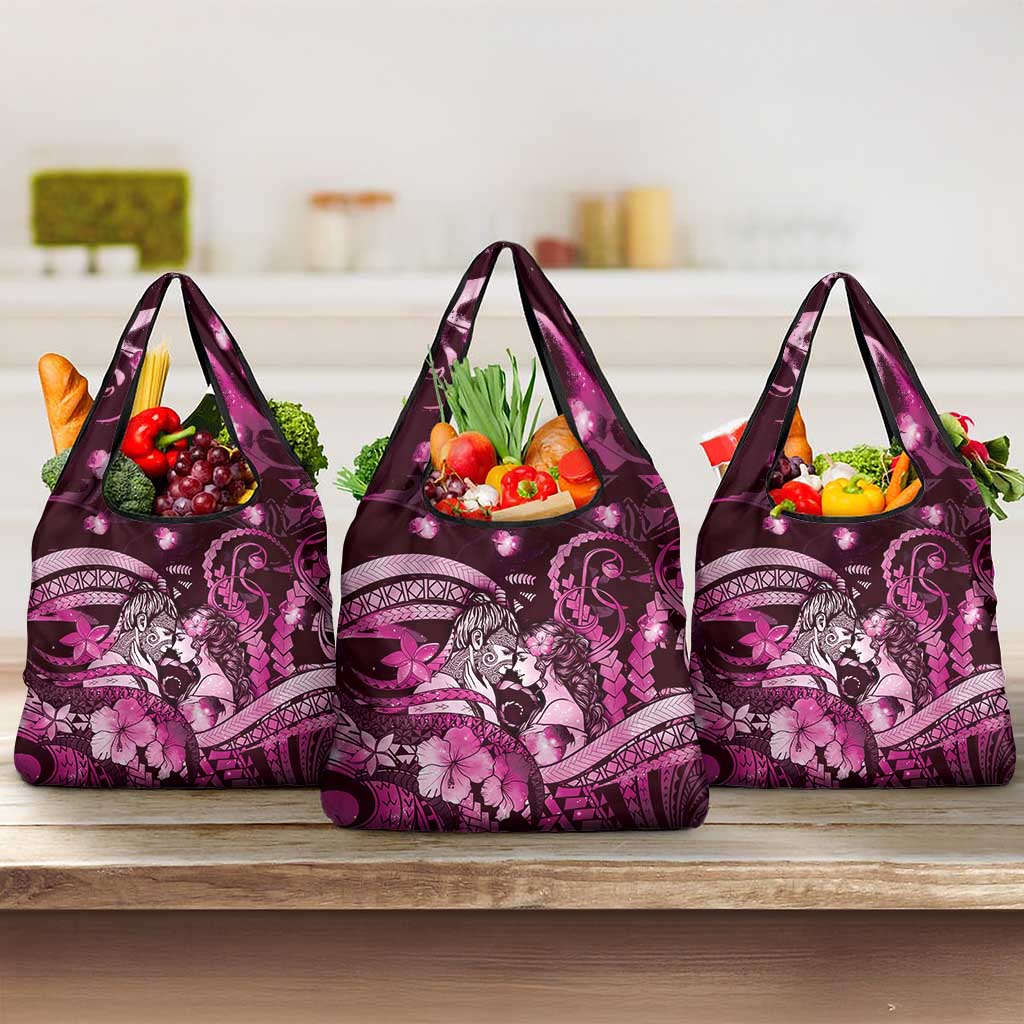 Maori Romantic Valentine Grocery Bag The Hongi Kiss Pink Galaxy