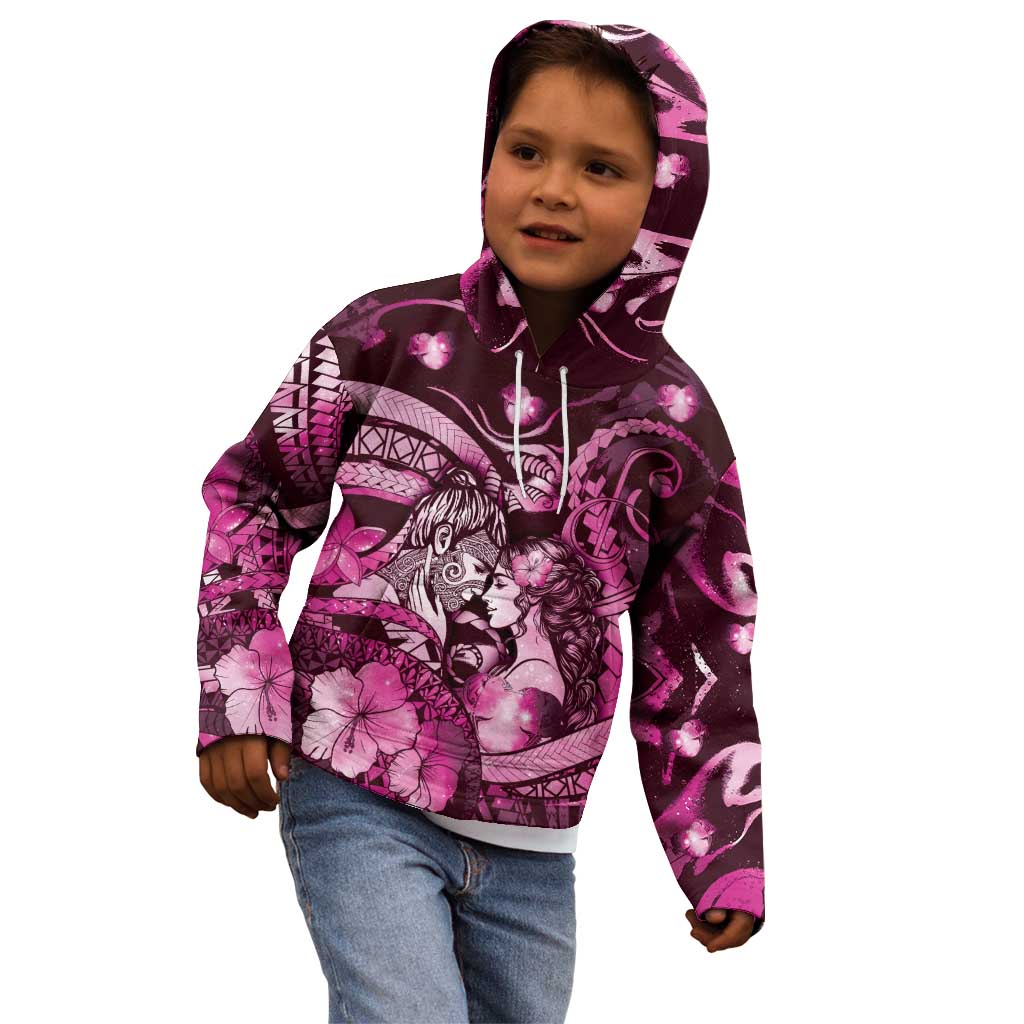 Personalised Maori Romantic Valentine Kid Hoodie The Hongi Kiss Pink Galaxy