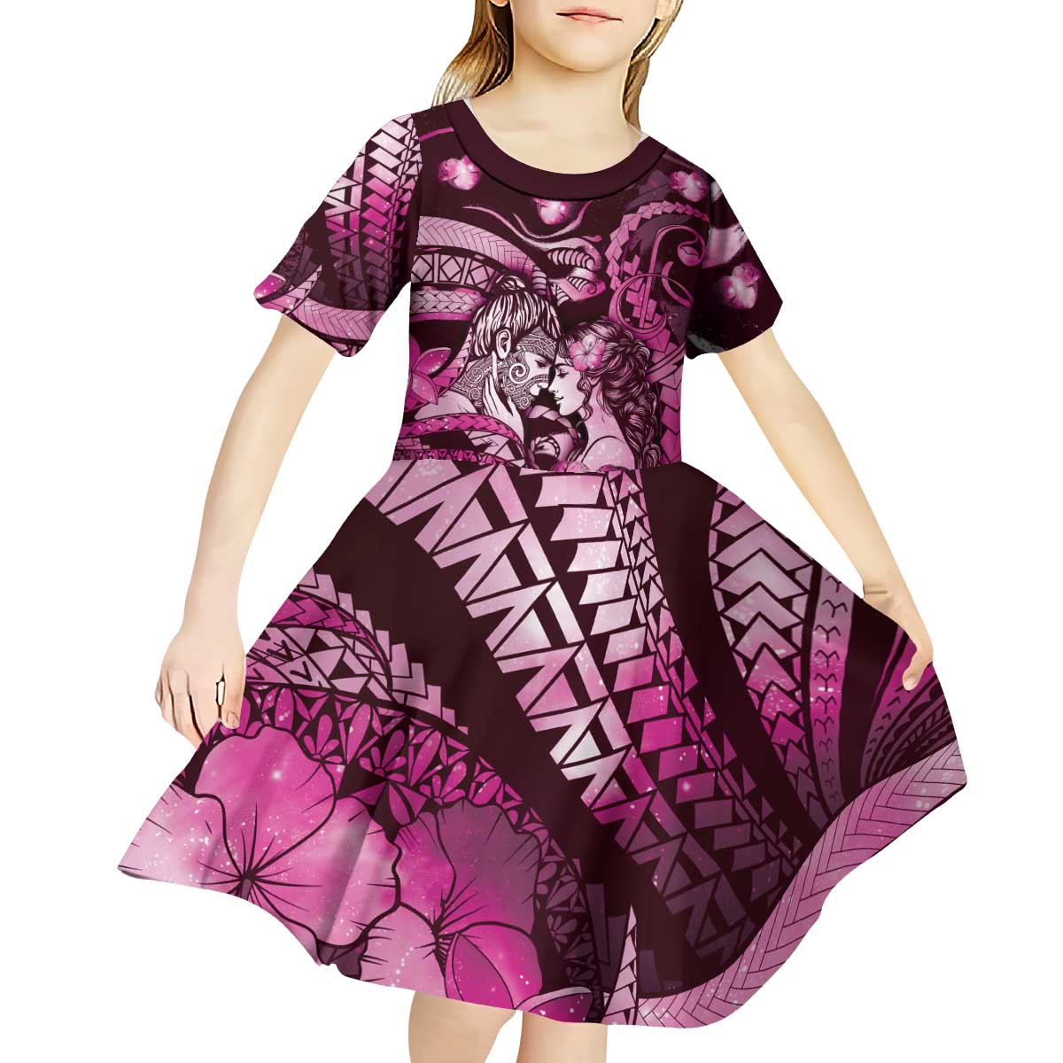 Personalised Maori Romantic Valentine Kid Short Sleeve Dress The Hongi Kiss Pink Galaxy