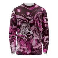 Personalised Maori Romantic Valentine Long Sleeve Shirt The Hongi Kiss Pink Galaxy DT05 Unisex Pink - Polynesian Pride