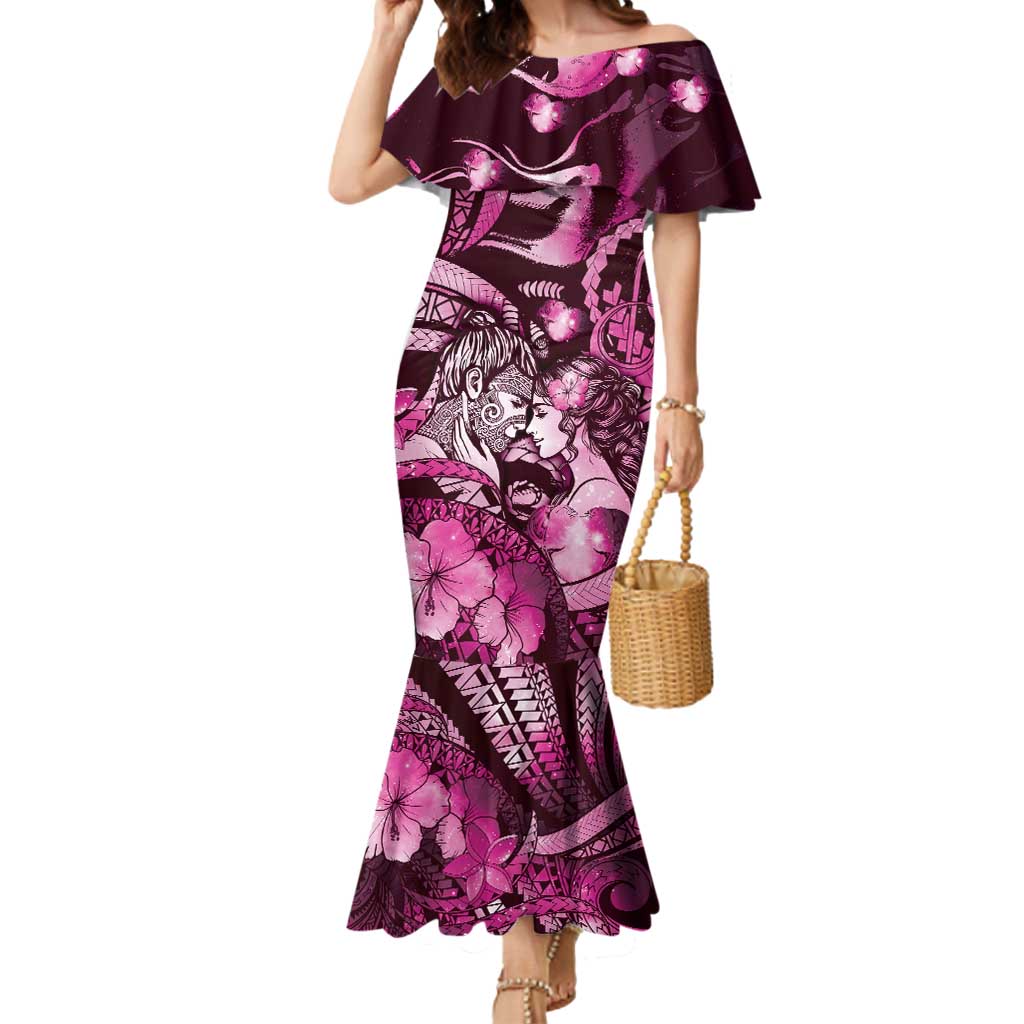 Personalised Maori Romantic Valentine Mermaid Dress The Hongi Kiss Pink Galaxy DT05 Women Pink - Polynesian Pride