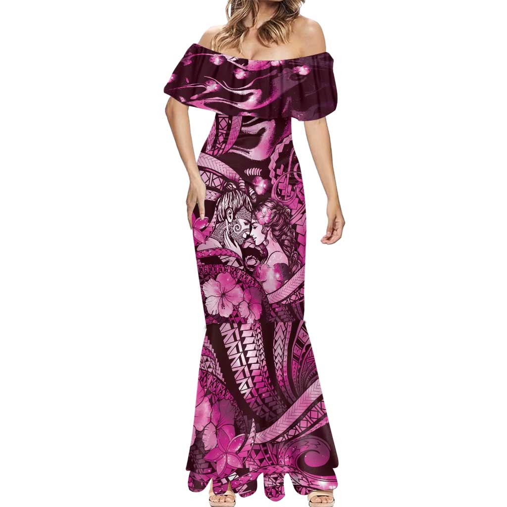 Personalised Maori Romantic Valentine Mermaid Dress The Hongi Kiss Pink Galaxy DT05 - Polynesian Pride