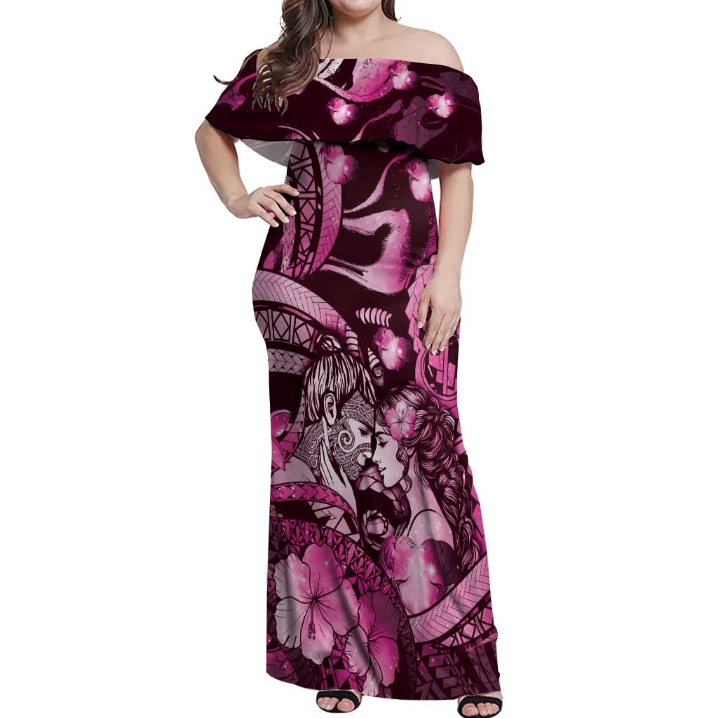 Personalised Maori Romantic Valentine Off Shoulder Maxi Dress The Hongi Kiss Pink Galaxy
