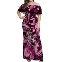 Personalised Maori Romantic Valentine Off Shoulder Maxi Dress The Hongi Kiss Pink Galaxy