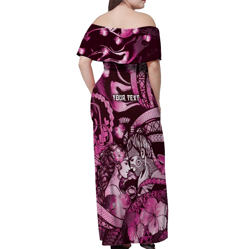 Personalised Maori Romantic Valentine Off Shoulder Maxi Dress The Hongi Kiss Pink Galaxy