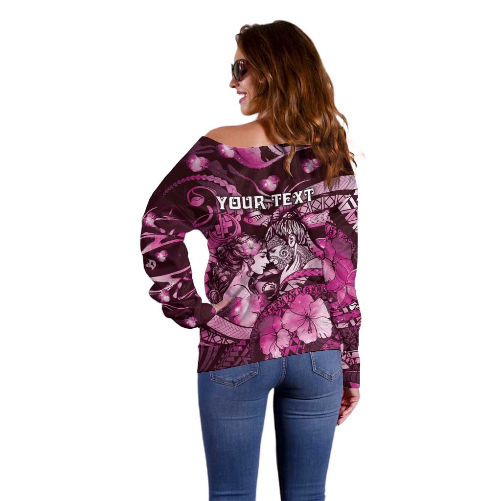 Personalised Maori Romantic Valentine Off Shoulder Sweater The Hongi Kiss Pink Galaxy