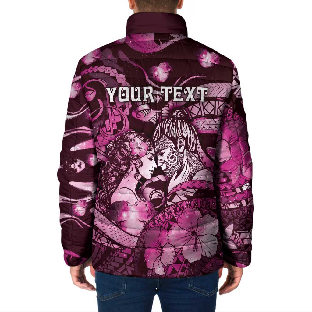 Personalised Maori Romantic Valentine Padded Jacket The Hongi Kiss Pink Galaxy