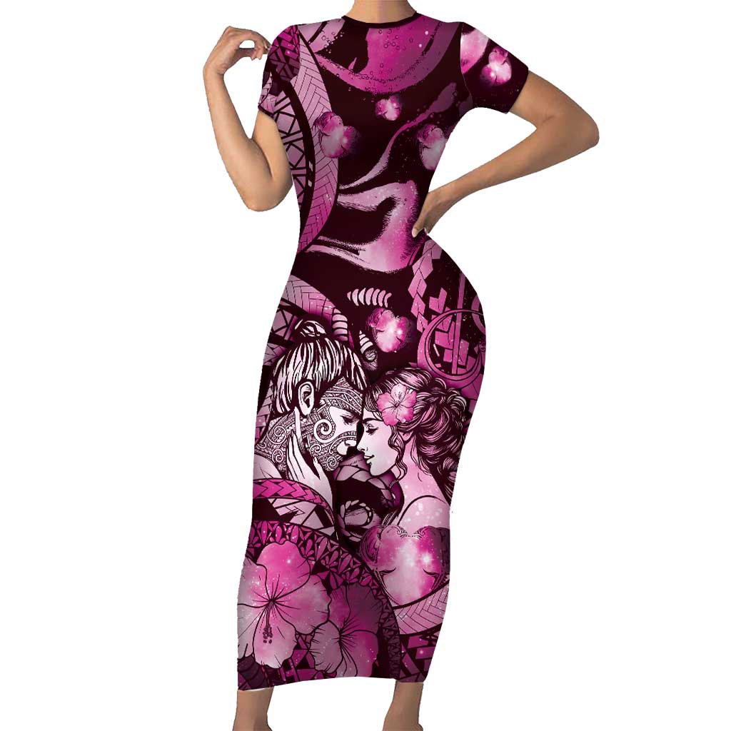 Personalised Maori Romantic Valentine Short Sleeve Bodycon Dress The Hongi Kiss Pink Galaxy