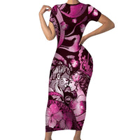Personalised Maori Romantic Valentine Short Sleeve Bodycon Dress The Hongi Kiss Pink Galaxy