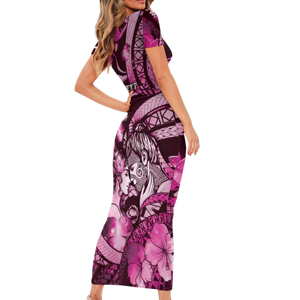 Personalised Maori Romantic Valentine Short Sleeve Bodycon Dress The Hongi Kiss Pink Galaxy