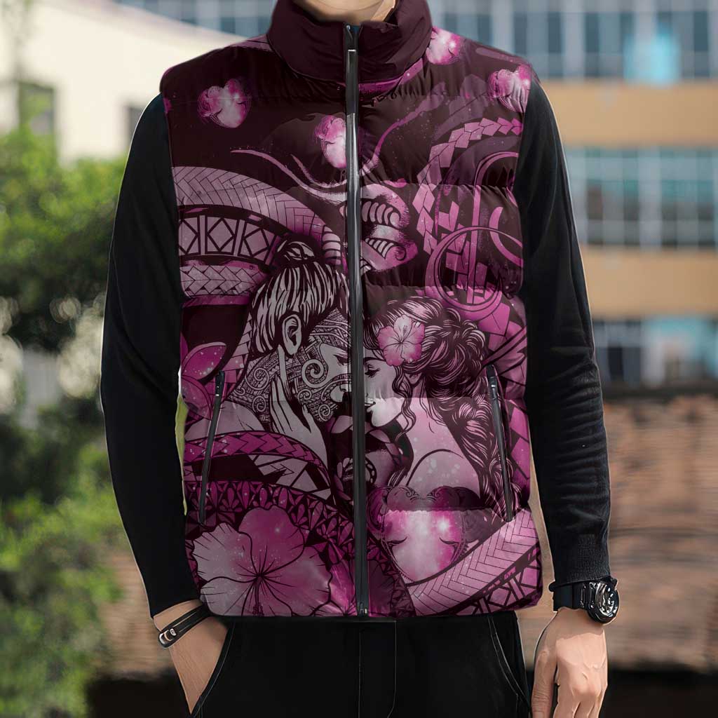 Personalised Maori Romantic Valentine Sleeveless Puffer Jacket The Hongi Kiss Pink Galaxy