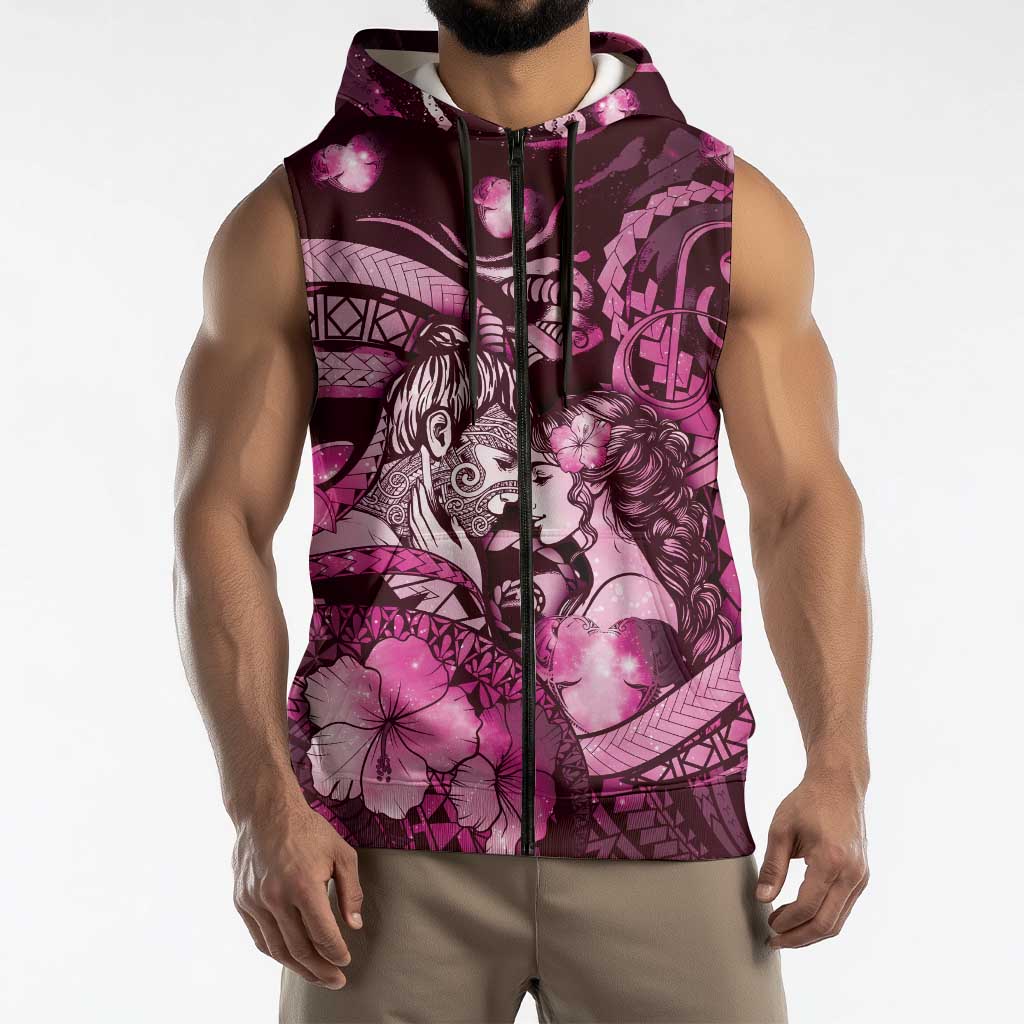 Personalised Maori Romantic Valentine Sleeveless Zip Hoodie The Hongi Kiss Pink Galaxy