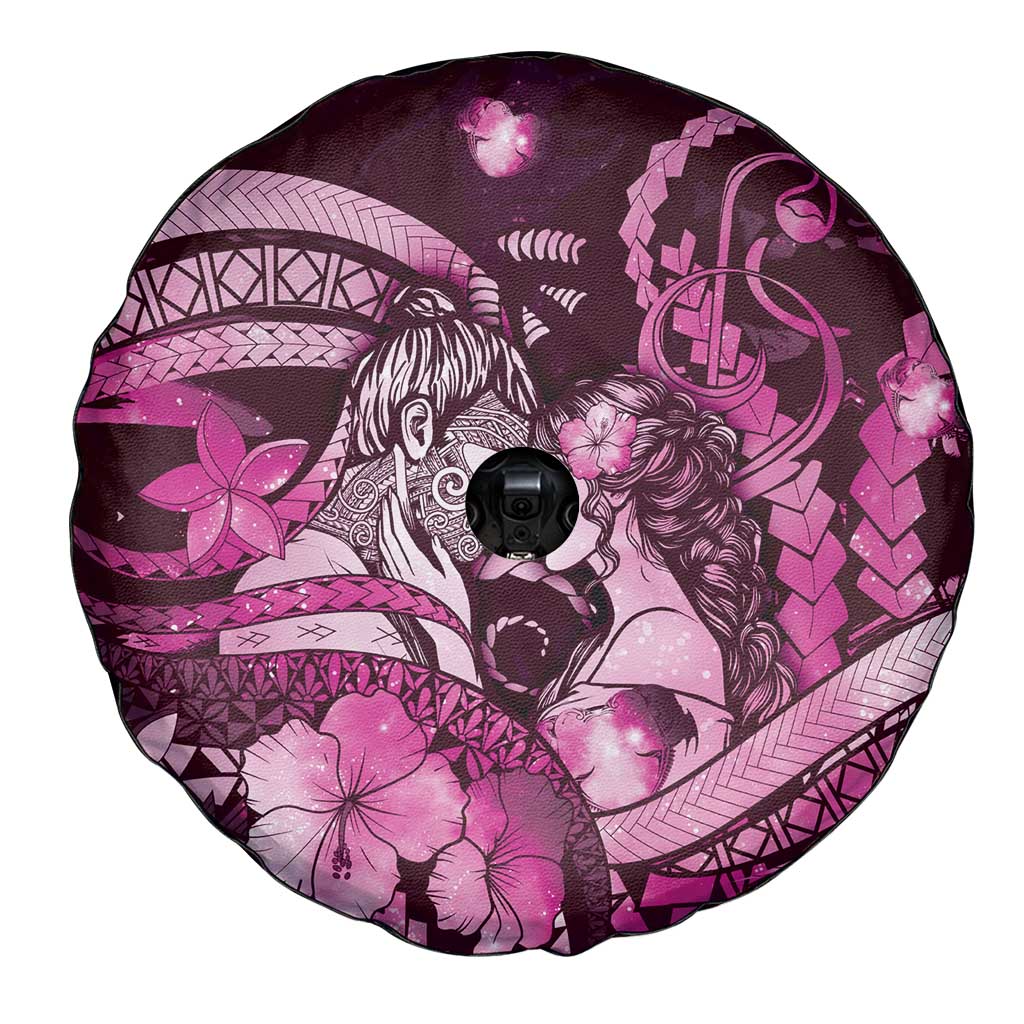 Maori Romantic Valentine Spare Tire Cover The Hongi Kiss Pink Galaxy