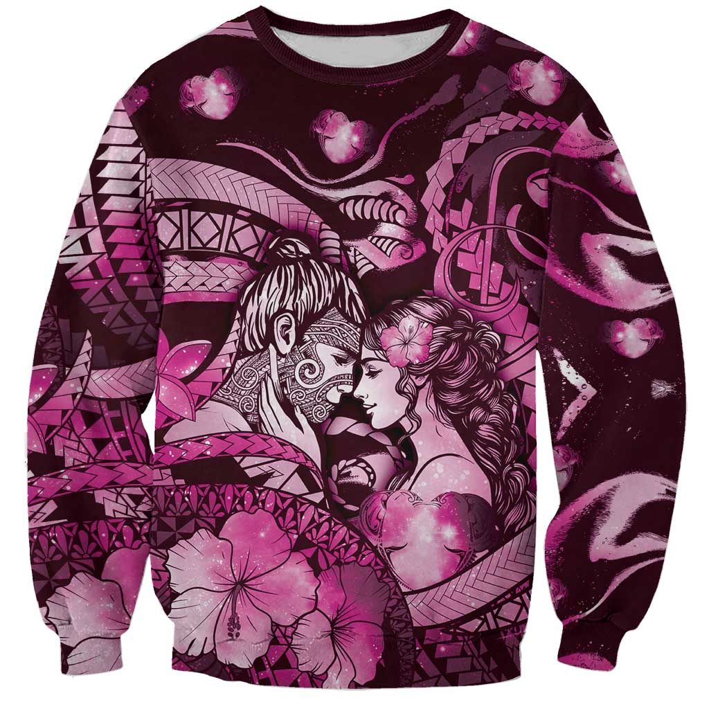 Personalised Maori Romantic Valentine Sweatshirt The Hongi Kiss Pink Galaxy DT05 Unisex Pink - Polynesian Pride
