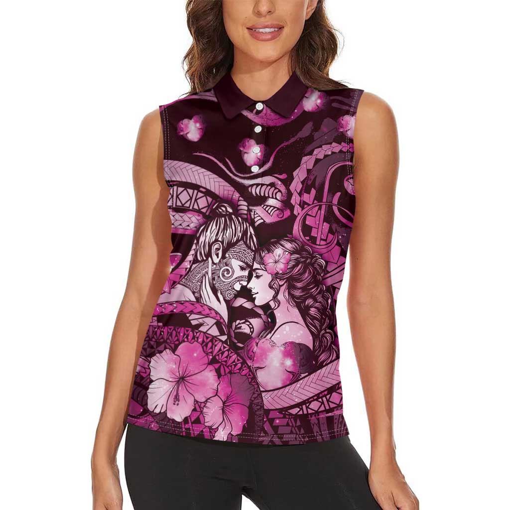 Personalised Maori Romantic Valentine Women Sleeveless Polo Shirt The Hongi Kiss Pink Galaxy