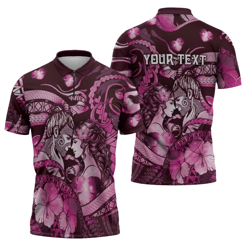 Personalised Maori Romantic Valentine Zipper Polo Shirt The Hongi Kiss Pink Galaxy