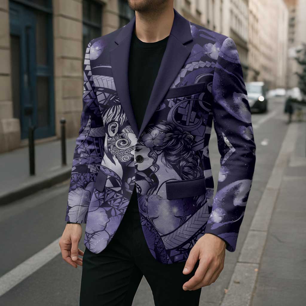 Personalised Maori Romantic Valentine Blazer The Hongi Kiss Purple Galaxy