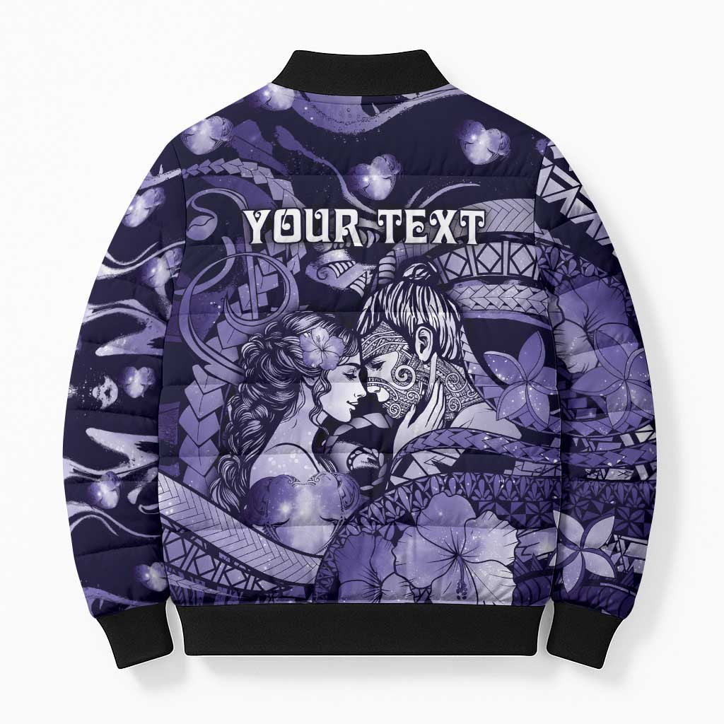 Personalised Maori Romantic Valentine Bomber Puffer Jacket The Hongi Kiss Purple Galaxy