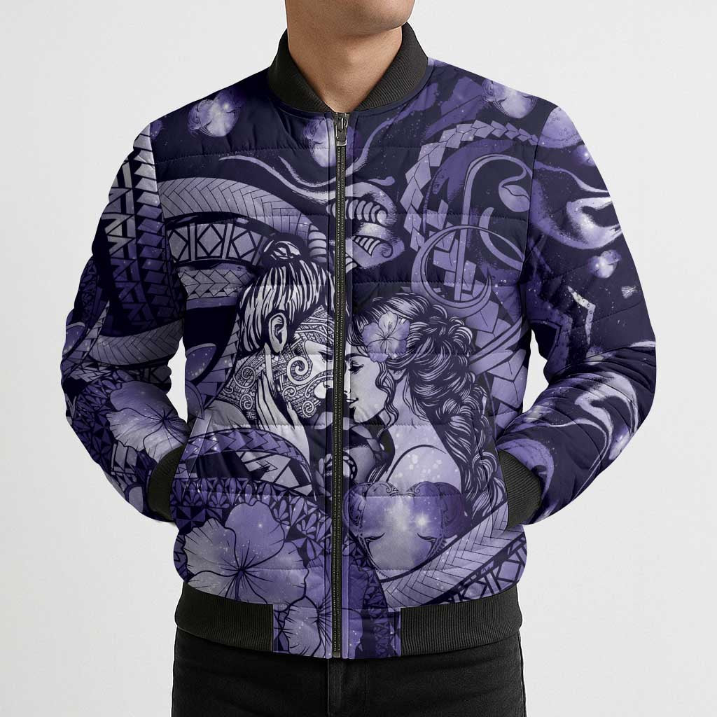 Personalised Maori Romantic Valentine Bomber Puffer Jacket The Hongi Kiss Purple Galaxy