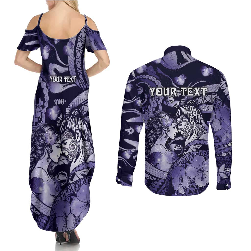 Personalised Maori Romantic Valentine Couples Matching Summer Maxi Dress and Long Sleeve Button Shirt The Hongi Kiss Purple Galaxy