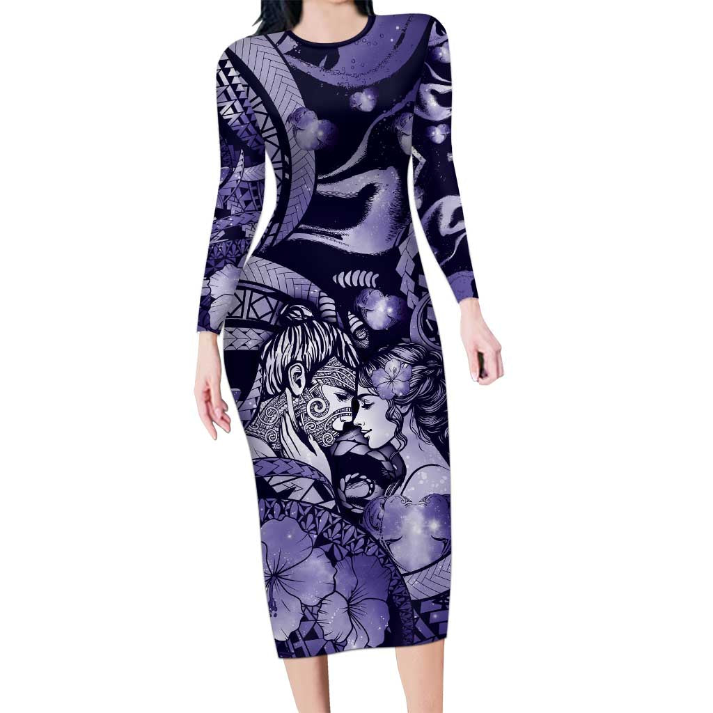 Personalised Maori Romantic Valentine Family Matching Long Sleeve Bodycon Dress and Hawaiian Shirt The Hongi Kiss Purple Galaxy