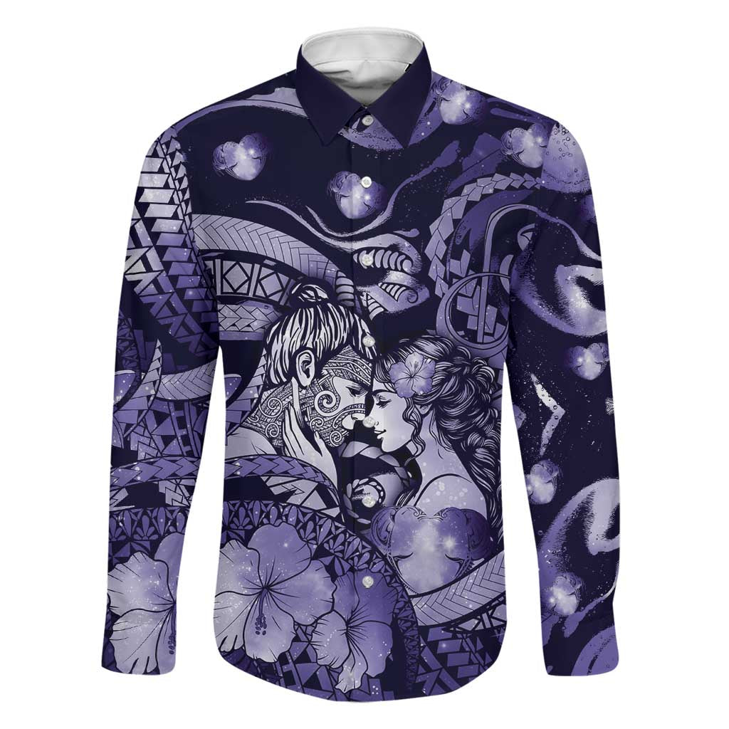 Personalised Maori Romantic Valentine Family Matching Mermaid Dress and Hawaiian Shirt The Hongi Kiss Purple Galaxy