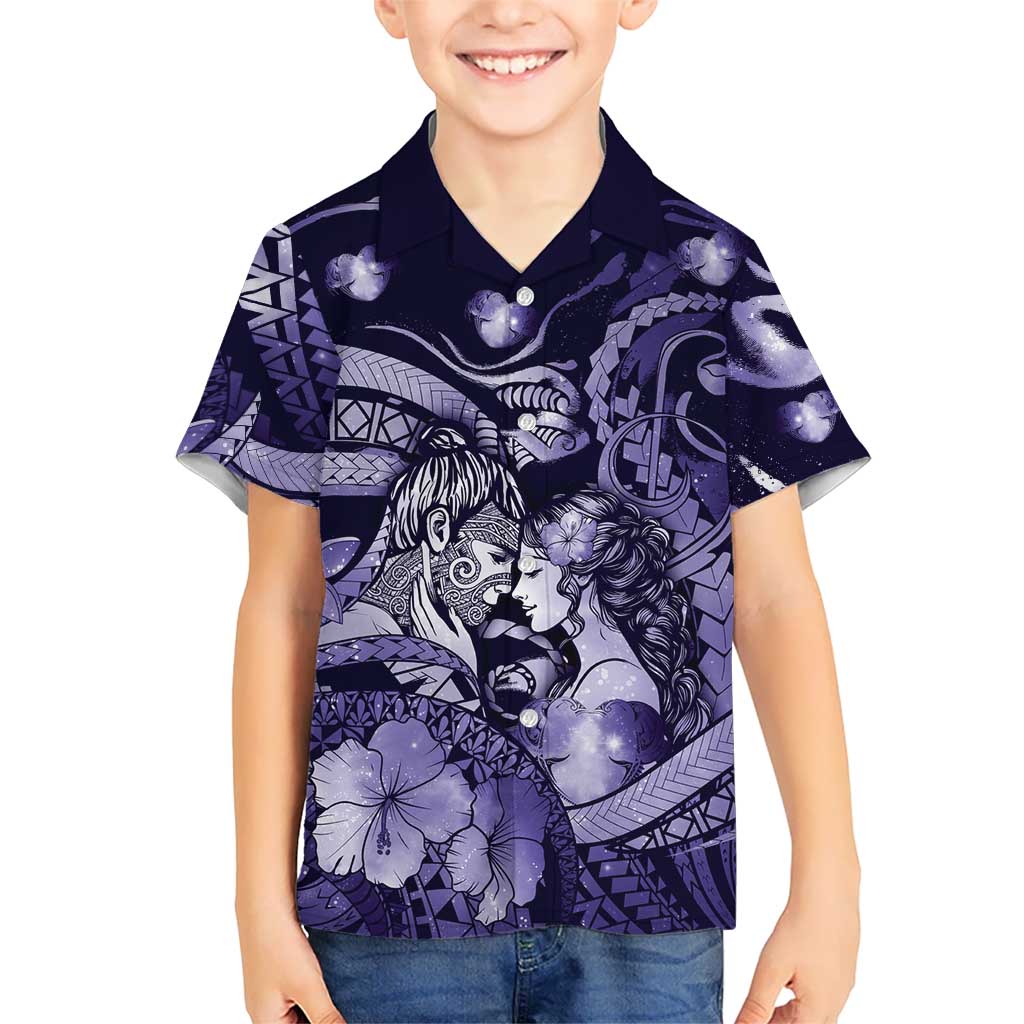 Personalised Maori Romantic Valentine Family Matching Mermaid Dress and Hawaiian Shirt The Hongi Kiss Purple Galaxy
