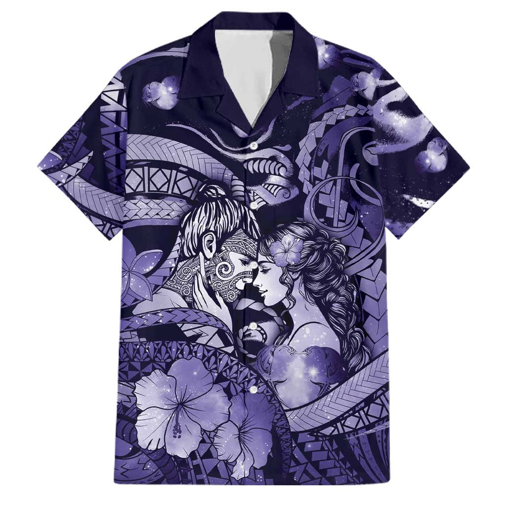 Personalised Maori Romantic Valentine Family Matching Off The Shoulder Long Sleeve Dress and Hawaiian Shirt The Hongi Kiss Purple Galaxy