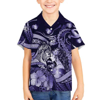 Personalised Maori Romantic Valentine Family Matching Off Shoulder Short Dress and Hawaiian Shirt The Hongi Kiss Purple Galaxy