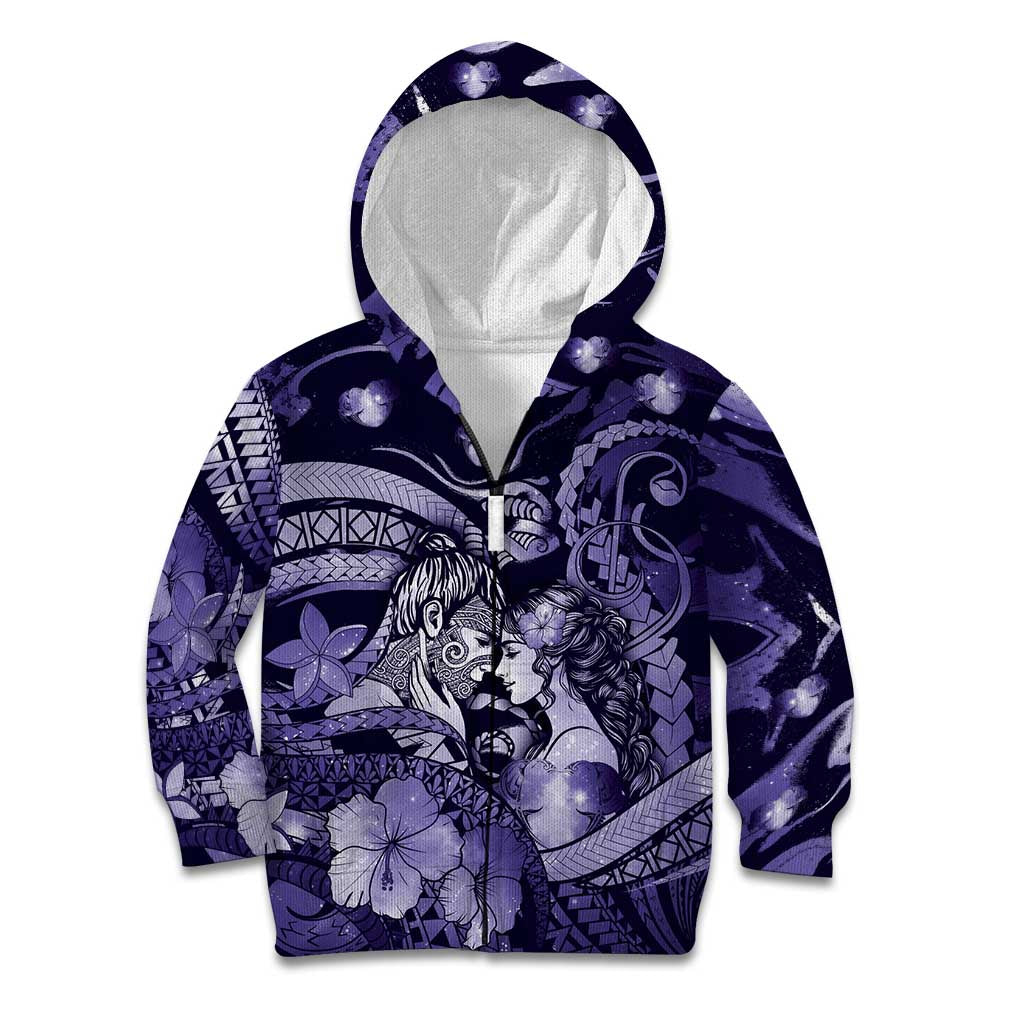 Personalised Maori Romantic Valentine Kid Hoodie The Hongi Kiss Purple Galaxy