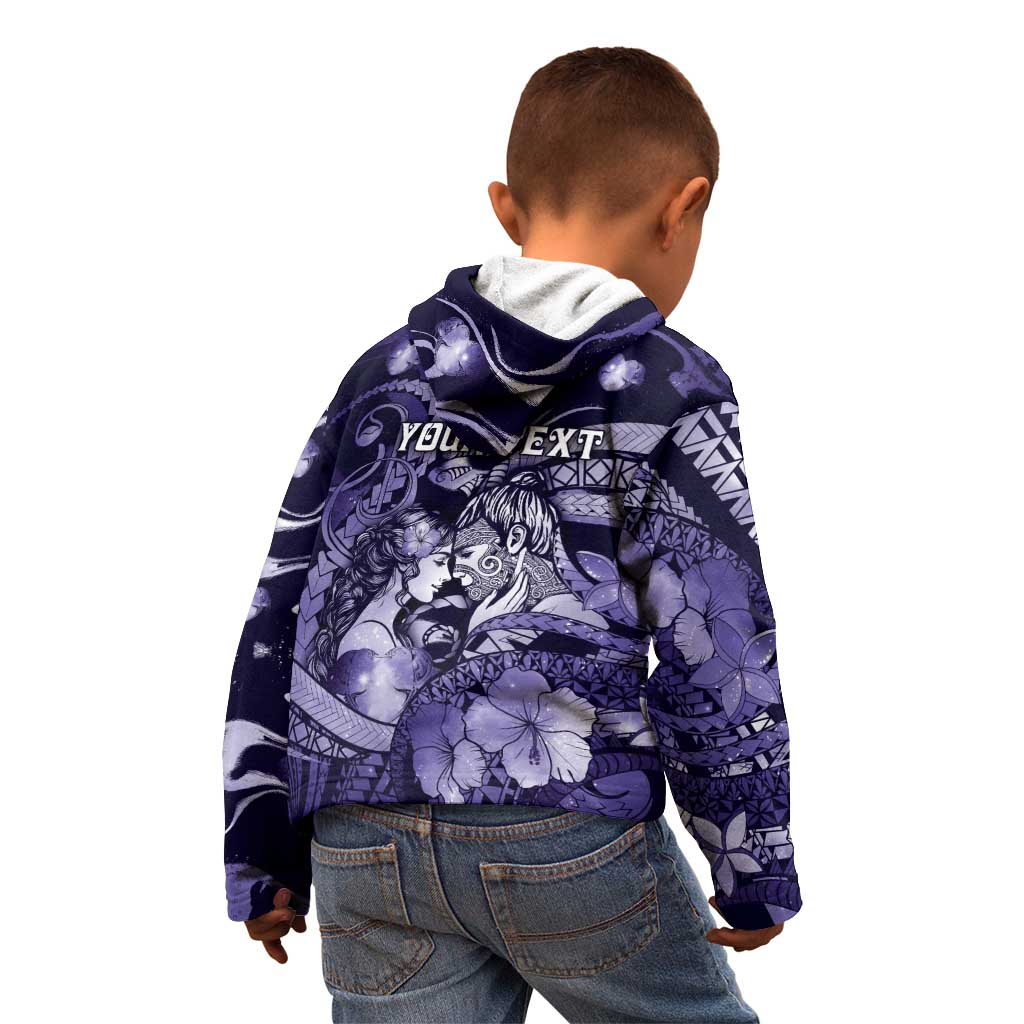 Personalised Maori Romantic Valentine Kid Hoodie The Hongi Kiss Purple Galaxy