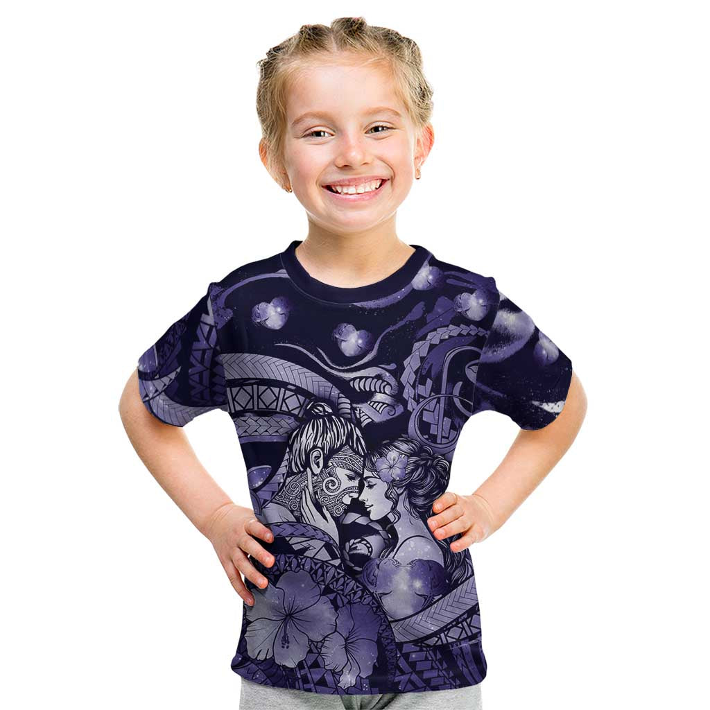 Personalised Maori Romantic Valentine Kid T Shirt The Hongi Kiss Purple Galaxy DT05 Purple - Polynesian Pride
