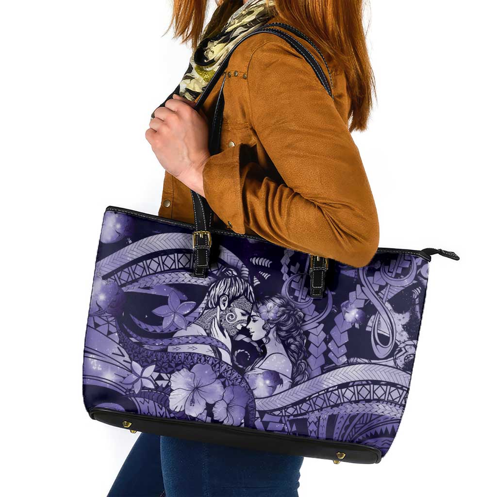 Maori Romantic Valentine Leather Tote Bag The Hongi Kiss Purple Galaxy DT05 Purple - Polynesian Pride