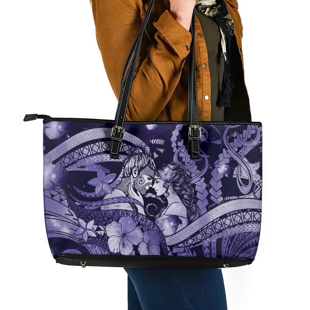 Maori Romantic Valentine Leather Tote Bag The Hongi Kiss Purple Galaxy DT05 - Polynesian Pride