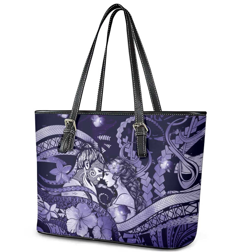 Maori Romantic Valentine Leather Tote Bag The Hongi Kiss Purple Galaxy DT05 - Polynesian Pride